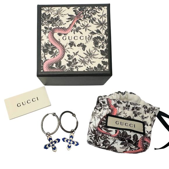 Gucci Enamel Cross Motif Hoop Earrings with Pouch, Box & Booklet - Picture 1 of 11